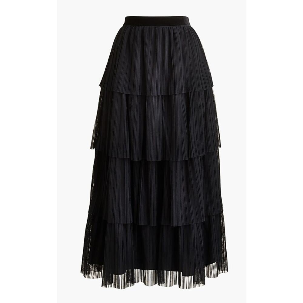 J. Crew Factory Black Tiered Pleated Midi Skirt with Elastic Waist